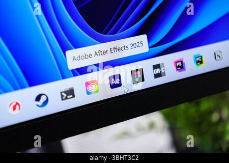 Poznan, Poland - June 6, 2025: Adobe After Effects 2025 application icon prominently displayed on Windows 11 interface, highlighting professional vide Stock Photo