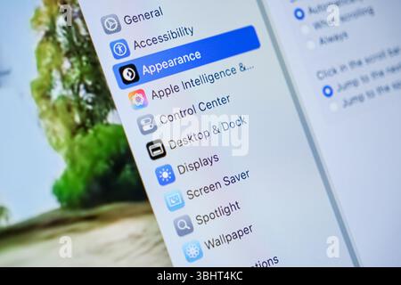 Poznan, Poland - June 6, 2025: A digital screen displays system settings, highlighting Appearance for software customization, personal look, and user Stock Photo