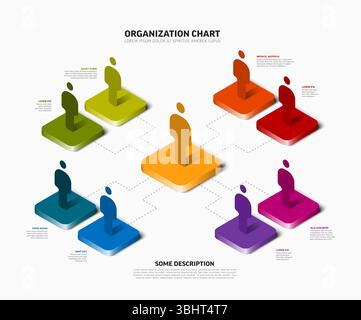 Vibrant 3D isometric organization chart template illustrating a corporate hierarchy structure with colorful icons. Visual infographic depicts the team Stock Vector