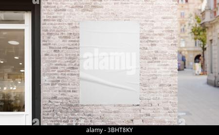 White poster on brick wall near shop window and urban street corner, perfect for branding, advertising, and poster design mockup presentations Stock Photo