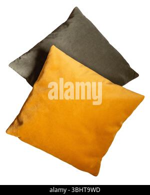 Two stylish decorative pillows isolated on white background, showcasing green and vibrant yellow cushion. Perfect for enhancing home decor aesthetics Stock Photo