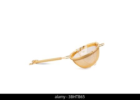 Fine mesh stainless steel strainer on a white background Stock Photo