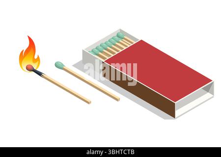 Isometric matches in a box, a match is burning, a match is lying on the table. Box of matches isolated on white background. Stock Vector