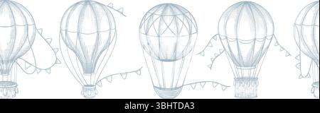 Vector illustration of border with flying hot air Balloons and bunting in vintage sketch style. Linear drawing with airships for baby shower invitations or children stationery designs. Blue etching. Stock Vector