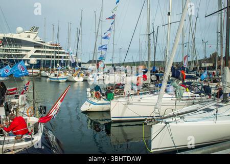 Yachts berthed in Lerwick Harbour after completing the Bergen–Shetland Race across the North Sea. Stock Photo
