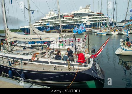 Yachts berthed in Lerwick Harbour after completing the Bergen–Shetland Race across the North Sea. Stock Photo