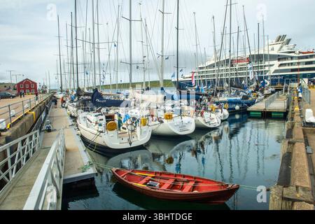 Yachts berthed in Lerwick Harbour after completing the Bergen–Shetland Race across the North Sea. Stock Photo