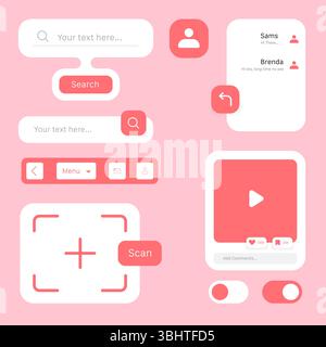 Modern and minimalistic UI kit elements for mobile application design, featuring search bars, chat boxes, media player, buttons, and icons in a pink c Stock Vector