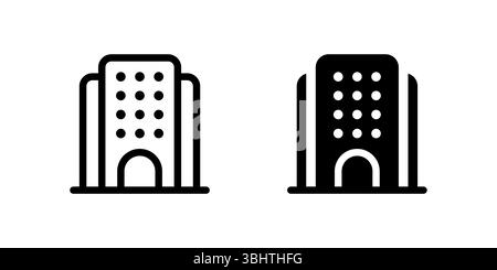 Hotel Building Icon Set. A black icon of a hotel building, representing lodging or hospitality services. Stock Vector