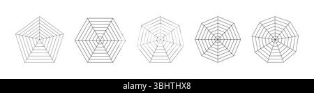 Radar, spider diagram templates. Black spider mesh patterns. Polygon graphs. Set of blank radar charts for statistic, analytic. Coaching tool. Grid Stock Vector