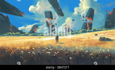 A traveler stands in a wide yellow grassland staring at massive dark monoliths breaking apart and levitating under a bright blue sky, digital art styl Stock Photo