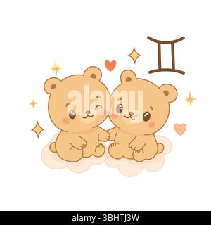Adorable Gemini zodiac sign illustration featuring two cartoon bear twins sitting on clouds with hearts and sparkles. Stock Vector