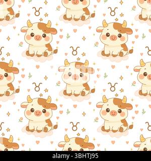 Seamless pattern of Taurus zodiac sign with adorable cartoon baby calf sitting on a cloud, surrounded by stars and hearts. Stock Vector