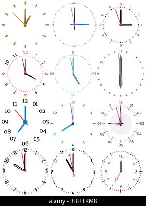 A set of different mechanical clocks with an image of each of the twelve hours. Clock face on white background. Stock Vector