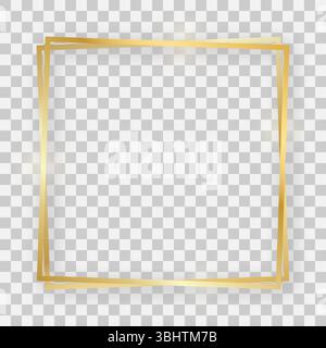 Double gold shiny square frame with glowing effects and shadows on transparent background. Vector illustration Stock Vector
