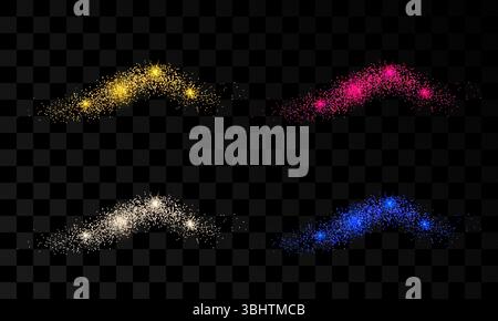 Set of four light wave with gold, silver, red and blue glitter effects on a dark transparent background. Abstract swirl lines. Vector illustration Stock Vector