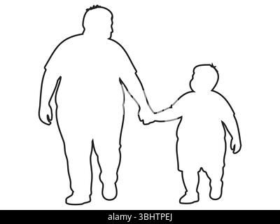 Black outline of an overweight man walking with child boy hand in hand, isolated on white background. concept of family, bonding, parenthood, father a Stock Vector