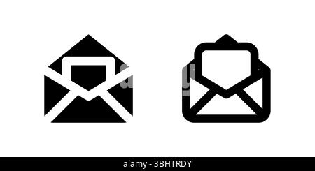 New Message Icon Set. A black glyph and outline icon of an opened envelope, indicating new messages. Stock Vector