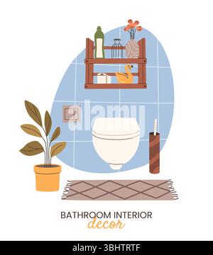 Cozy bathroom interior in Scandinavian style. Toilet, wooden shelf, toilet brush, houseplant, and decorative elements. Flat vector illustration. Stock Vector