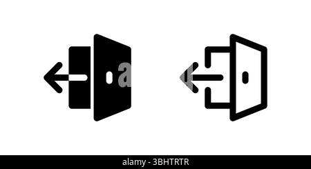 Exit Icon Set. A black glyph and outline icon of an exit sign, representing departure or logout. Stock Vector