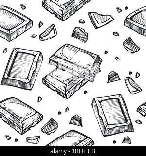 Chocolate, chocolate slices and pieces, chocolate bar, all objects are hand drawn in vector in dark gray. Seamless vector pattern. Suitable for Stock Vector