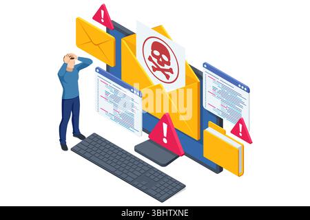 Isometric scene of a shocked user beside a giant malware-marked envelope erupting code windows and red warning triangles, depicting a hacker s Stock Vector