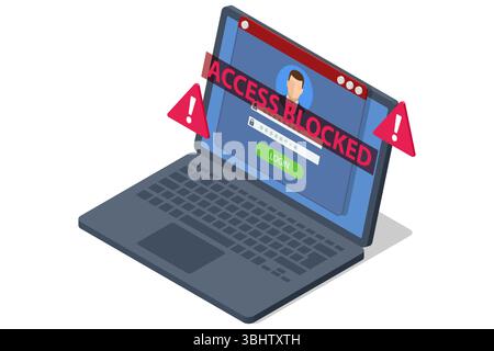 Isometric illustration of a laptop flashing Access Blocked, a red-flagged email, an unknown-call smartphone and credit card visualizing phishing Stock Vector