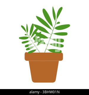 Minimalist Organic Potted Plant Illustration, Flat Design Green Leaf Plant in Simple Pot Isolated on White. Sustainable July Concept Stock Vector