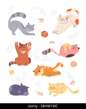 Cats playing with toys and ball of yarn, sleeping, stretching, sitting, lying, relaxing. Cute purebred kittens in different poses Stock Vector