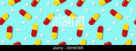 A seamless background with pills and capsules. A bright colorful medical background. Red, yellow and blue medicine background. Stock Vector