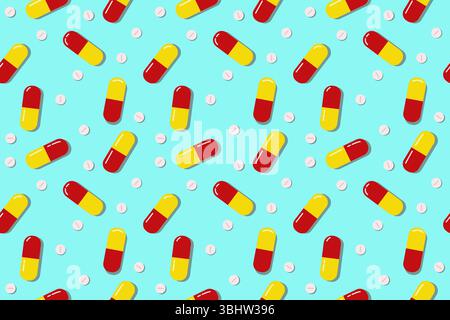 A seamless background with pills and capsules. A bright colorful medical background. Red, yellow and blue medicine background. Stock Vector