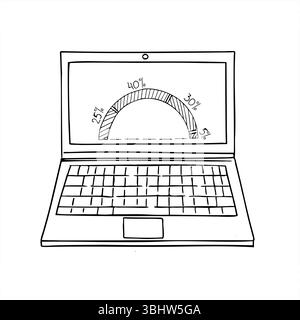 Open laptop displaying pie chart with shaded sectors and percentage labels monochrome vector illustration. For business reports Stock Vector