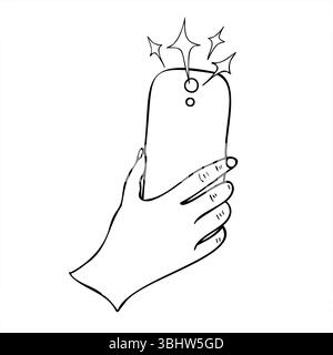 Monochrome vector hand holding smartphone taking photo, with flash bursting into stars illustration. Selfie, photo simple line art for photography Stock Vector