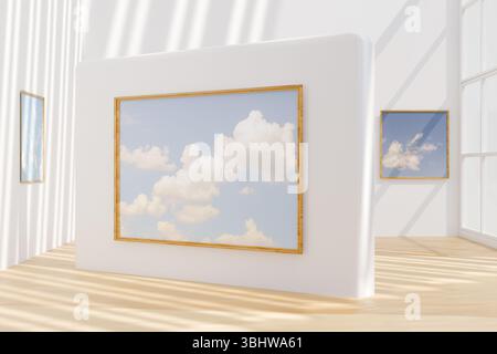 Modern art gallery showcasing cloud themed paintings in a bright, spacious room. 3d rendering Stock Photo