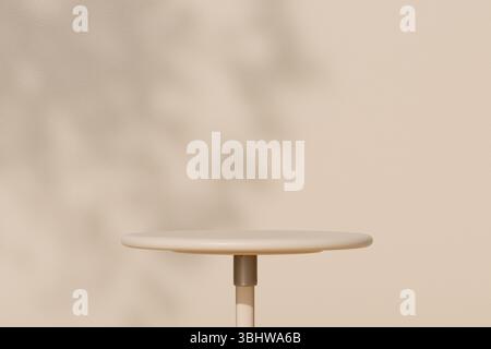 A simple round table stands empty against a beige textured wall with soft natural shadows. 3d rendering Stock Photo