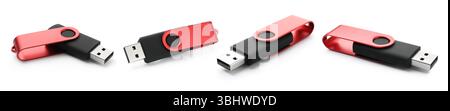 Flash drive isolated on white, collage. View from different sides Stock Photo