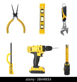 Different construction tools on white background, collage Stock Photo