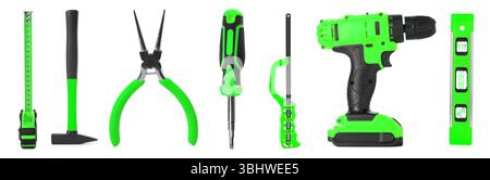 Different construction tools on white background, collage Stock Photo