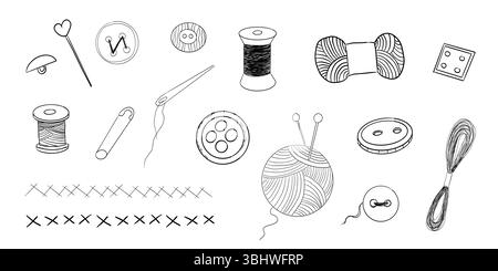 Sewing set with thread, needle buttons doodle hand drawn. Handmade crafts embroidery collection. Vintage tailor kit. Sewing accessories. Vector illustration Stock Vector