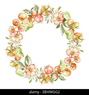 Watercolor illustration of a round tomato wreath frame with basil and cherry tomatoes. Hand drawn food design with leaves. Perfect for harvest, vegeta Stock Photo