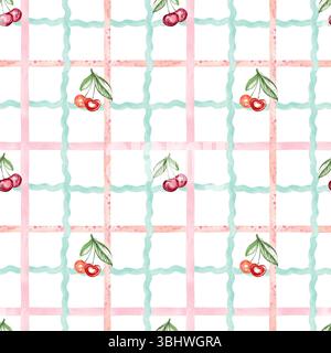 Seamless watercolor cherry pattern on a checkered fabric background. Design features red cherries, grid texture, and plaid print suitable for textile, Stock Photo