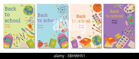 Set of back to school posters or cards in cartoon flat style with supplies like backpack, books, basketball, paints, crayons. Bright, fun and colorful Stock Vector