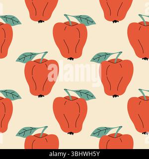 Seamless pattern with red apple in cartoon flat style on white background. Cute fruit arranged in polka dot order. Perfect for fabric, wallpaper, kids Stock Vector