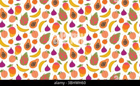 Juicy seamless design in messy style with exotic fruits like fig, banana, mango, papaya, peach, apricot, and dragon fruit. Bright tropical colors and Stock Vector