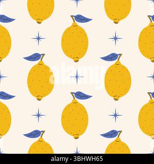 Seamless pattern with yellow lemon and star in cartoon flat style, arranged in polka dot order on light background. Fresh and cheerful design great fo Stock Vector
