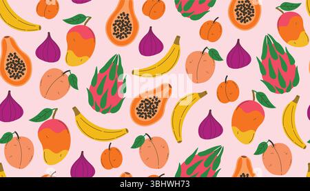 Colorful tropical fruit pattern in flat cartoon style with banana, mango, fig, peach, papaya, dragon fruit, and apricot scattered in fun, playful comp Stock Vector