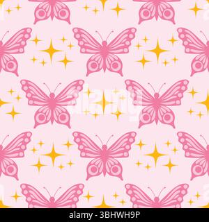 Pink seamless pattern in cartoon flat style with cute pink butterfly and tiny stars on soft background. Bright and playful design perfect for kids, fa Stock Vector