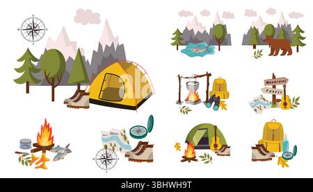 Set of camping theme compositions in cartoon flat style with fireplace, tent, boots, compass, mountains. Fun travel or hiking elements. Great for kids Stock Vector
