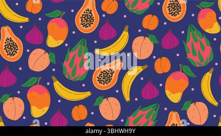 Seamless pattern with cartoon tropical fruits like banana, papaya, dragon fruit, fig, peach, mango, and apricot. Bright juicy design in flat style wit Stock Vector