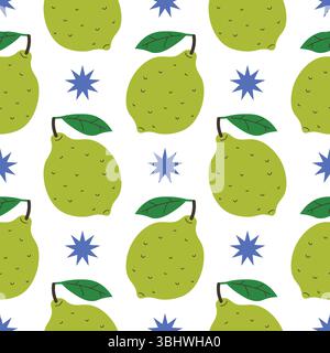 Seamless pattern with green lime and stars in cartoon flat style, arranged in polka dot order on white background. Fresh and vibrant design ideal for Stock Vector
